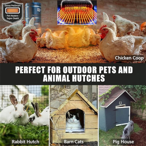Collage of chickens in a coop, rabbit hutch, barn cat shelter, and pig house with text 'Perfect for outdoor pets and animal hutches'.