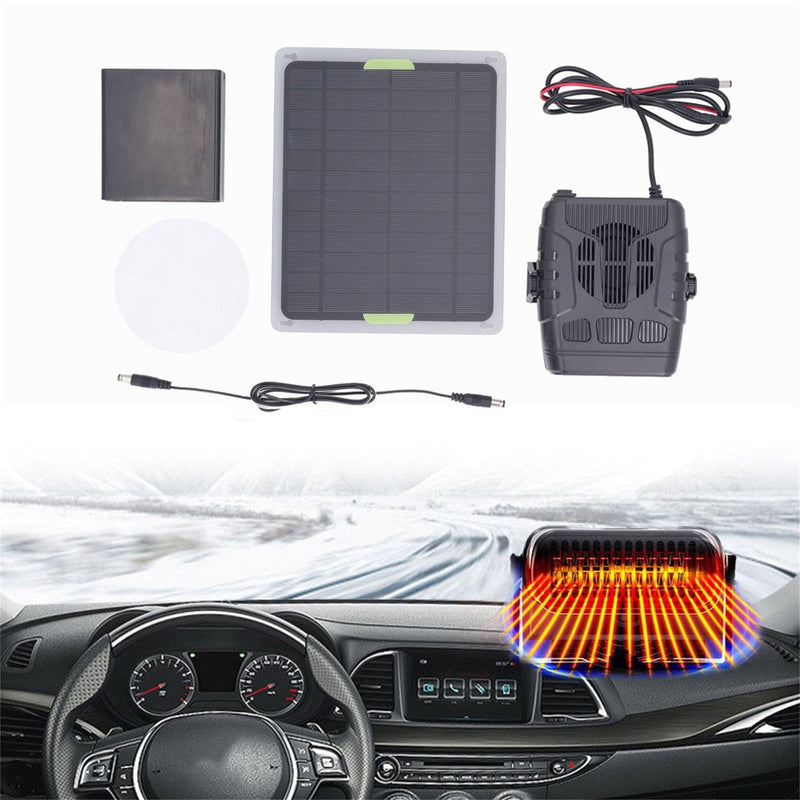 Car heating system components including a solar panel, battery pack, and heating element on a white background.