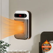 Wall-mounted space heater emitting heat on a neutral wall with a bed and plant in the background.