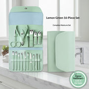 Lemon green 16-piece manicure set shown open on the left and folded closed on the right, with text reading 'Lemon Green 16-Piece Set' and 'Complete Manicure Set' on a white background.