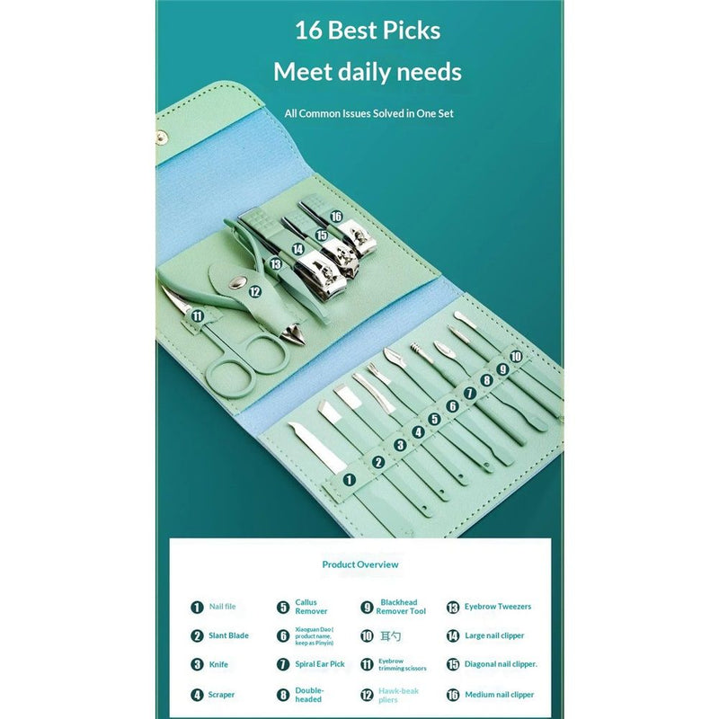 💅 Danoz NailSmart | 16-in-1 Professional Manicure & Pedicure Set | Stainless Steel | PU Leather Case | Unisex | Travel-Ready | Mint