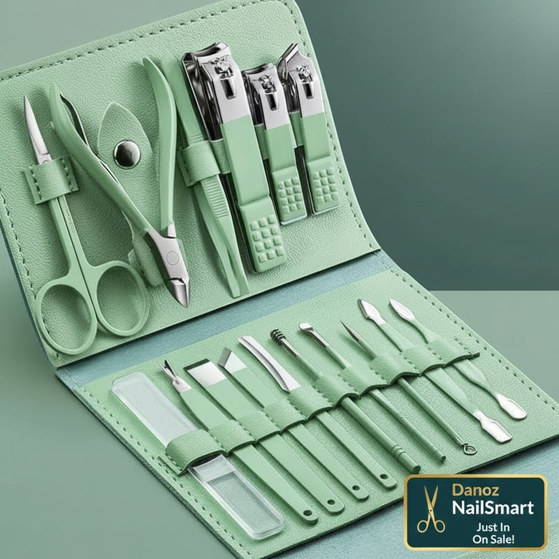 A mint green nail care set displayed open in a folio case, with various manicure and nail-tool accessories arranged inside. The set includes cuticle care tools, nail clippers, cuticle scissors, and multiple metal nail files and graters.