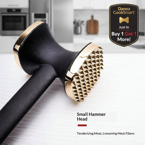 A black and gold meat tenderizer hammer shown on a light wood surface with text reading 'Small Hammer Head' and 'Tenderizing Meat, Loosening Meat Fibers.'.