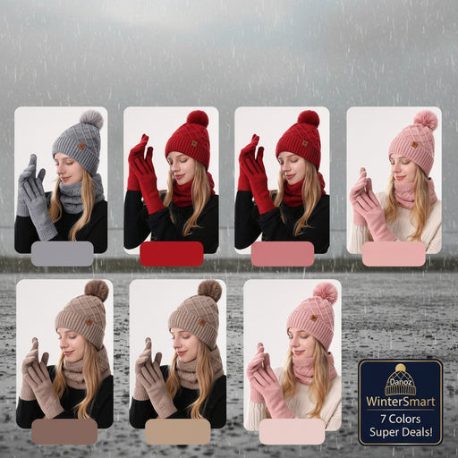 Collage of a woman wearing different colored knit hats and gloves on a white background.