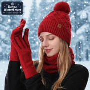 Woman wearing a red knit hat, scarf, and gloves on a white background