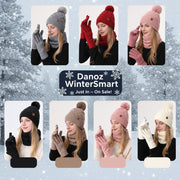 Collage of a woman wearing different colored knit hats and gloves on a white background.