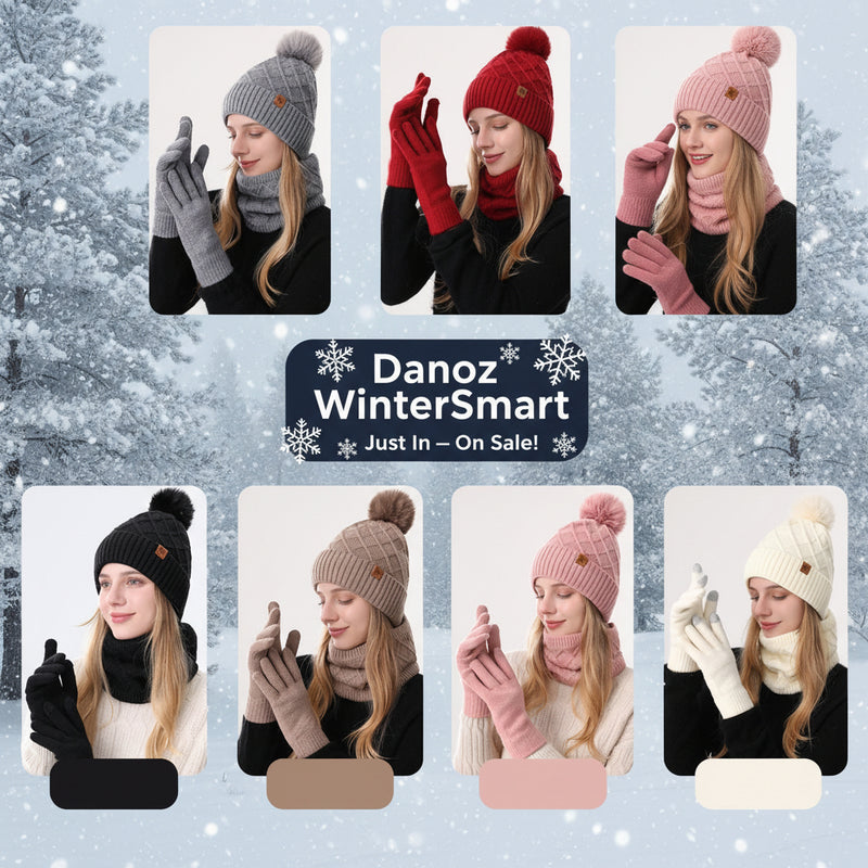 Collage of a woman wearing different colored knit hats and gloves on a white background.