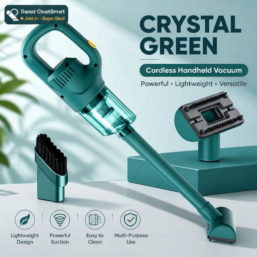 Cordless handheld vacuum cleaner in a translucent teal-green color, shown with its crevice attachment and floor head on a clean white background with promotional text and feature icons.