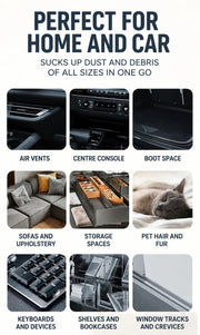 An informational graphic for a dust and debris suction product, with the headline 'PERFECT FOR HOME AND CAR' and a grid of eight example use cases including air vents, center console, boot space, sofas and upholstery, storage spaces, pet hair and fur, keyboards and devices, shelves and bookcases, and window tracks and crevices.