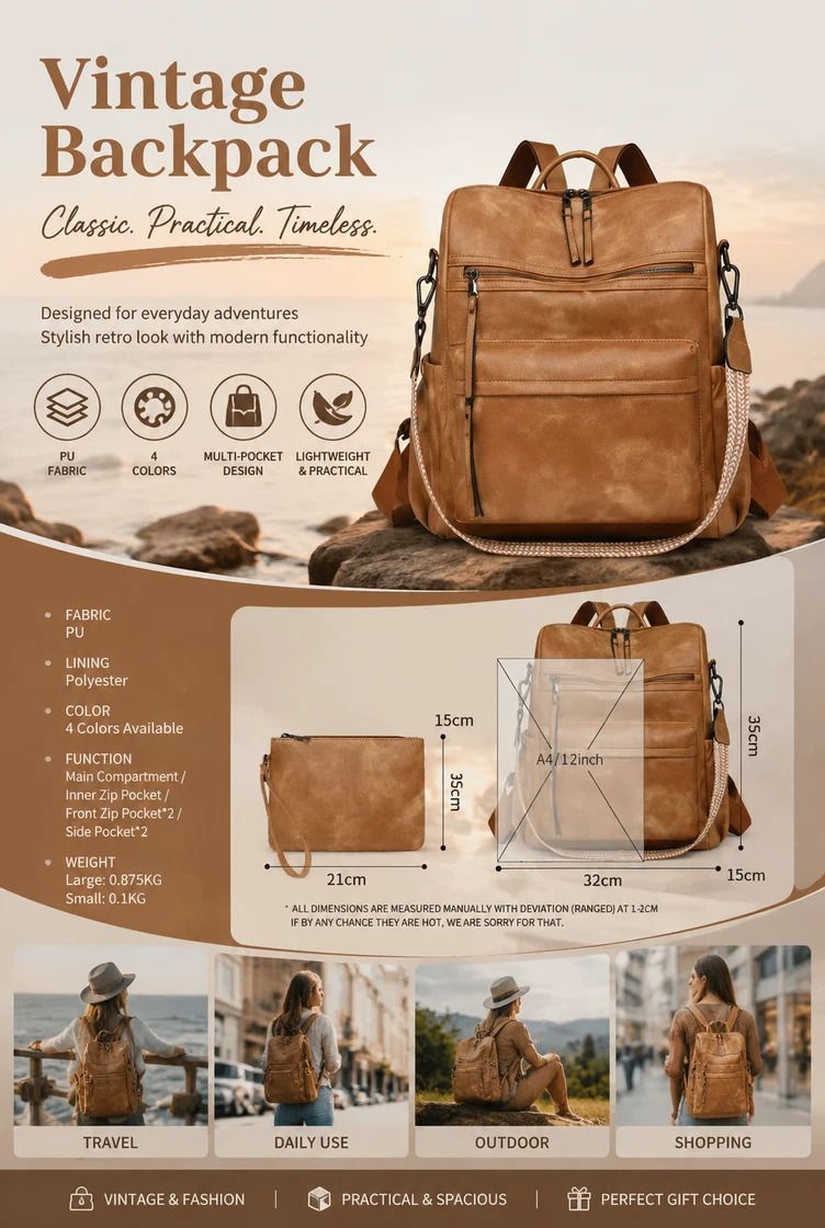 A brown faux-leather backpack shown on a beige promotional graphic with text, icons, dimensions, and small lifestyle photos of people wearing it in travel, daily use, outdoor, and shopping scenarios.