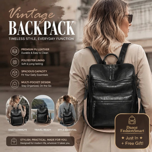 A black faux-leather backpack shown on a woman from behind, with promotional text and feature icons around it. The backpack has a structured rectangular shape, top zipper closure, and multiple front pockets.