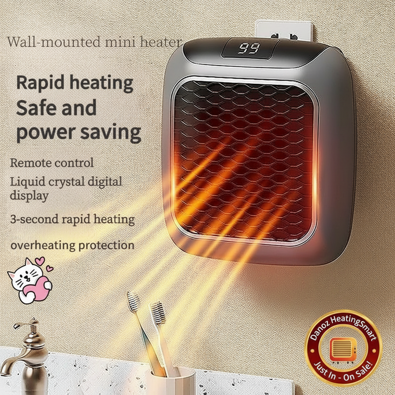 Wall-mounted mini heater with heating effect, text describing features, and a cartoon cat icon.