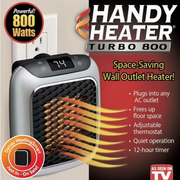 Handy Heater Turbo 800 wall outlet heater with features listed on a red background.