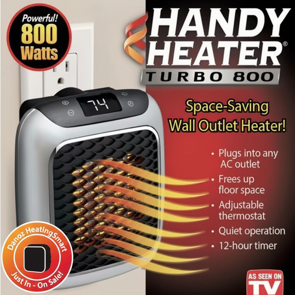 Handy Heater Turbo 800 wall outlet heater with features listed on a red background.