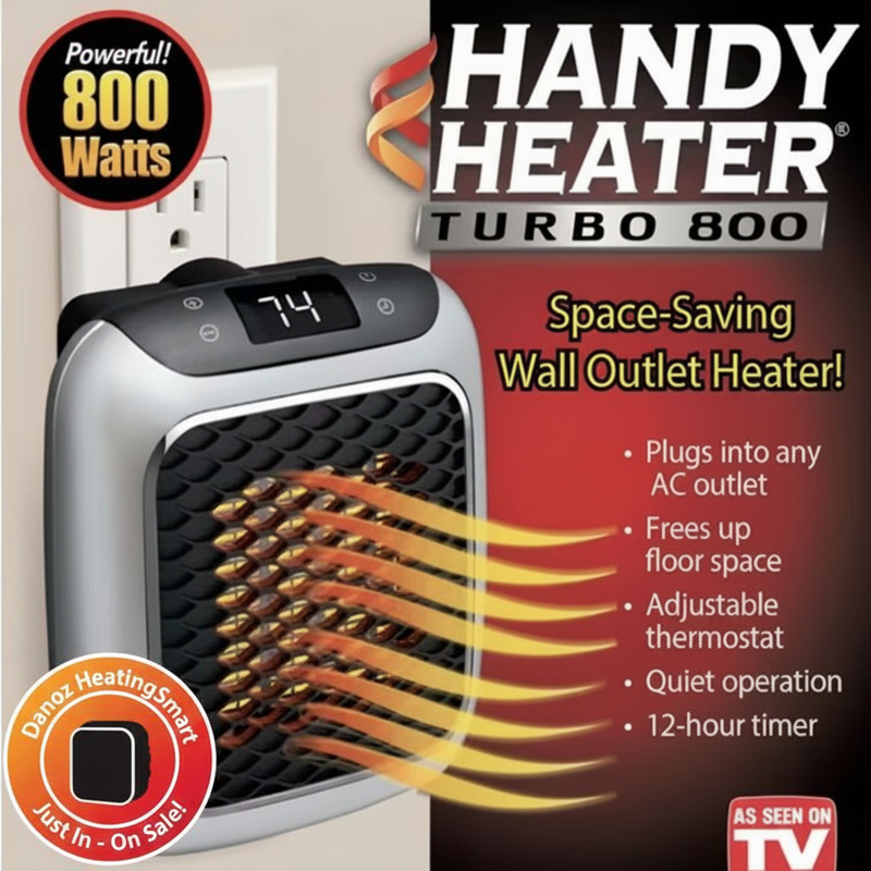 Handy Heater Turbo 800 wall outlet heater with features listed on a red background.