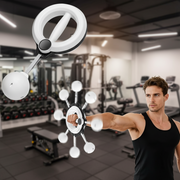White exercise ball with black base and a man using it on a white background
