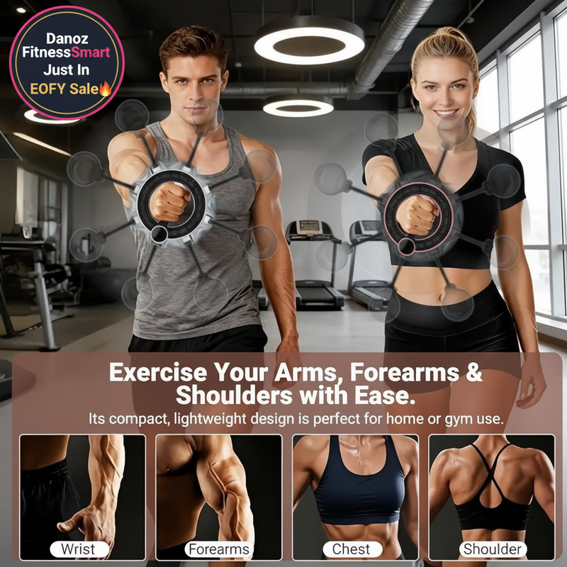 Two people using arm exercise devices in a gym setting with promotional text and images of muscle groups.