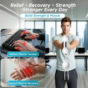 Man using a white ball device in an office setting with text about relief, recovery, and strength.