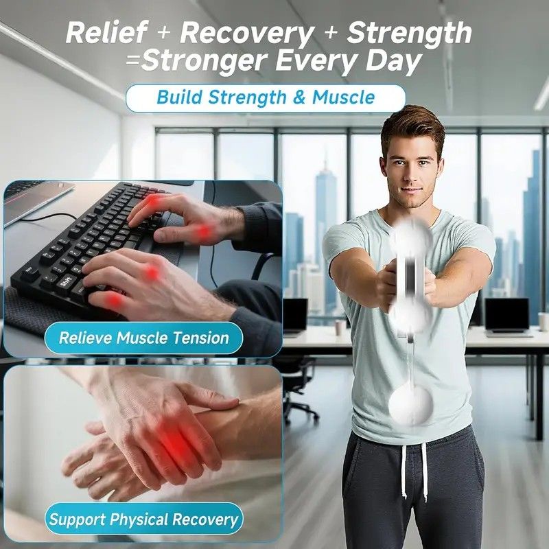 Man using a white ball device in an office setting with text about relief, recovery, and strength.