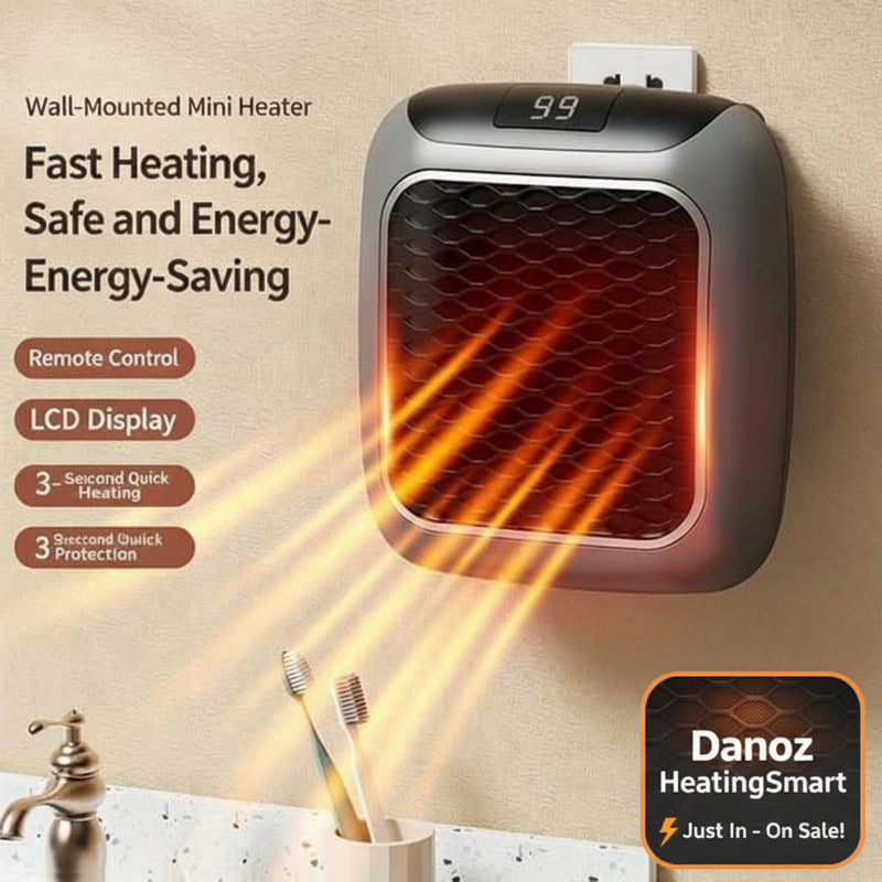 Wall-mounted mini heater with heating effect on a beige wall background