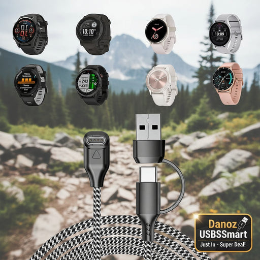 Collection of smartwatches with a USB charging cable on a white background