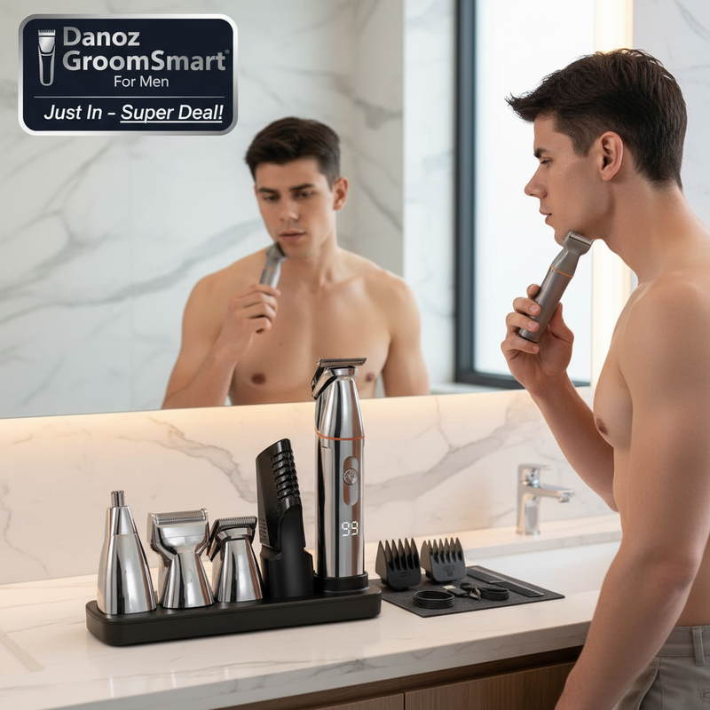 A silver and black cordless beard trimmer set with multiple attachments, a comb, and a charging base, shown alongside a shirtless man holding the trimmer. The background is solid white.