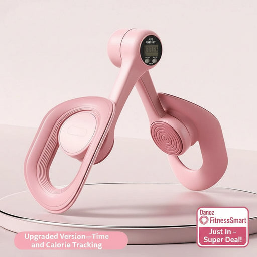 Pink digital hand exerciser with time and calorie tracking on a light pink background