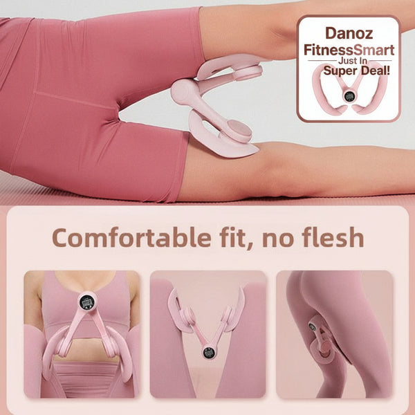 Person wearing pink leggings with a device on their leg, accompanied by text 'Comfortable fit, no flesh'.