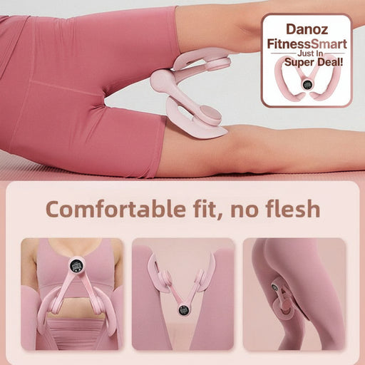 Person wearing pink leggings with a device on their leg, accompanied by text 'Comfortable fit, no flesh'.