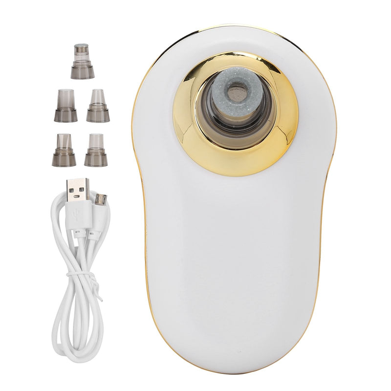 White and gold electronic beauty device with six interchangeable metal nozzle heads and a white USB charging cable, shown on a plain white background.
