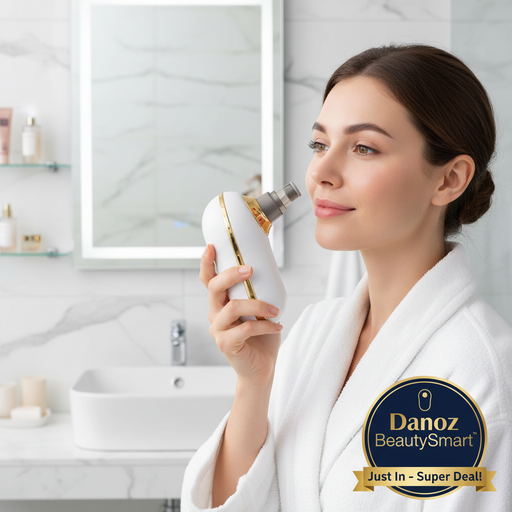 A white and gold electronic facial cleansing device with a clear silicone brush head, shown on a solid white background.