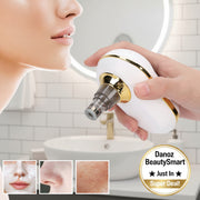 A hand holds a white and gold facial skin treatment device with a clear nozzle, shown next to a cropped side profile of a woman's face and three small before/after skin close-ups at the bottom.