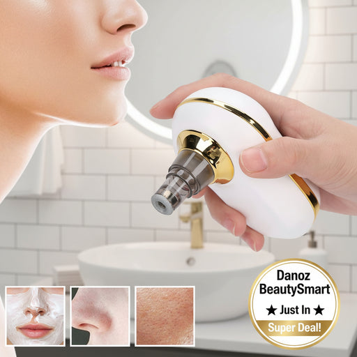 A hand holds a white and gold facial skin treatment device with a clear nozzle, shown next to a cropped side profile of a woman's face and three small before/after skin close-ups at the bottom.