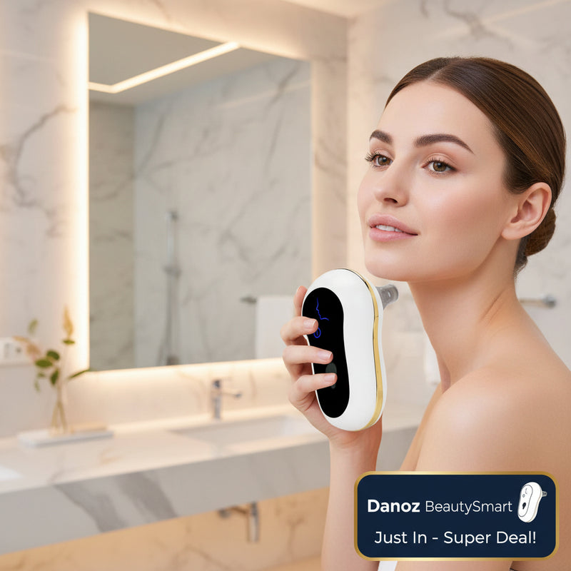 A white and gold facial beauty device with a black display screen is shown next to a close-up of a woman's face on a white background.
