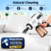 A handheld white and black steam cleaner with a transparent copper-colored water tank is being used on a white sofa, with steam visible. A hand is holding the device, and text at the top reads 'Natural Cleaning' and 'High temperature effectively cleaning without chemical'.