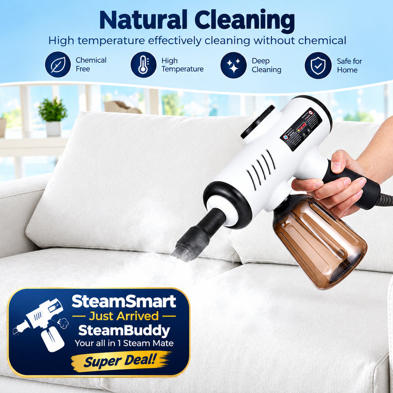 A handheld white and black steam cleaner with a transparent copper-colored water tank is being used on a white sofa, with steam visible. A hand is holding the device, and text at the top reads 'Natural Cleaning' and 'High temperature effectively cleaning without chemical'.