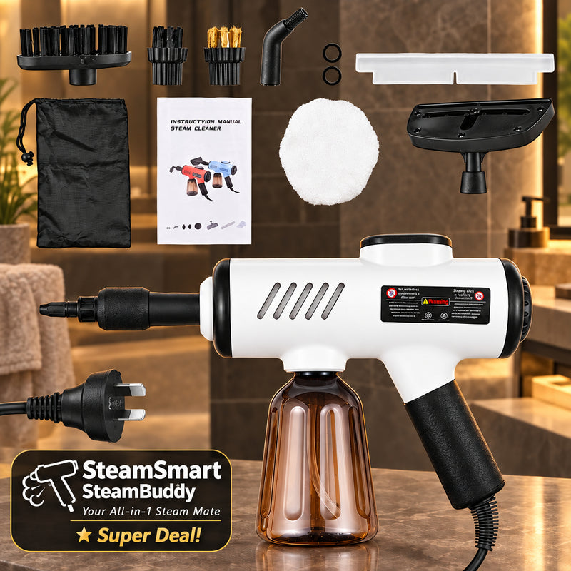A steam cleaner kit with a white and black handheld steam gun, brown translucent water tank, multiple attachment heads, a black drawstring bag, instruction manual, cleaning cloth, and power plug on a white background.