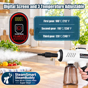 A handheld steam cleaner shown spraying steam, with a hand holding the handle. The image includes text highlighting adjustable digital screens and three temperature settings, plus a small inset showing the control panel.