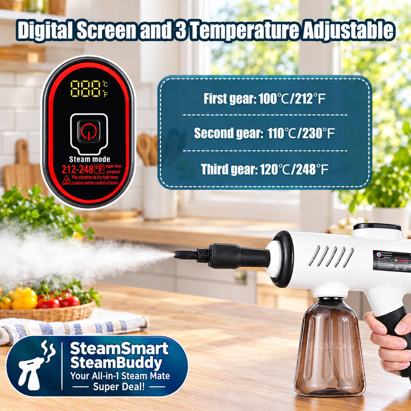 A handheld steam cleaner shown spraying steam, with a hand holding the handle. The image includes text highlighting adjustable digital screens and three temperature settings, plus a small inset showing the control panel.