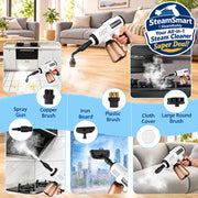 A six-panel product feature collage for a handheld steam cleaner. The panels show the steam gun in use on tiled floors, carpets, stovetops, and furniture, with inset circles highlighting included accessories: spray nozzle, copper brush head, iron board, plastic brush, cloth cover, and large round brush.