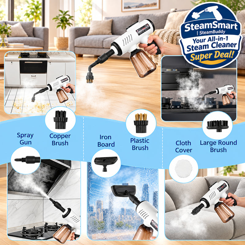 A six-panel product feature collage for a handheld steam cleaner. The panels show the steam gun in use on tiled floors, carpets, stovetops, and furniture, with inset circles highlighting included accessories: spray nozzle, copper brush head, iron board, plastic brush, cloth cover, and large round brush.