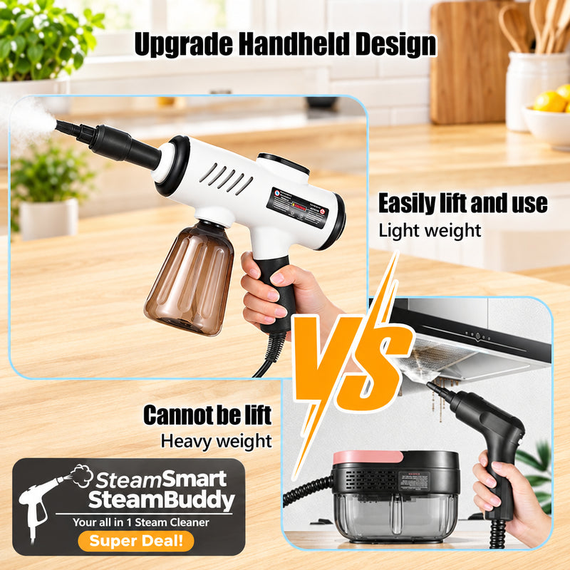 Promotional graphic for a handheld cleaning tool, showing a white and black handheld device with a transparent dust container on a light background, alongside a smaller inset of a heavier black-and-pink version. Text reads 'Upgrade Handheld Design,' 'Easily lift and use Light weight,' and 'Cannot be lift Heavy weight,' with a large orange 'VS' in the center.