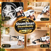 A 4-panel collage demonstrating a handheld steam cleaner on multiple surfaces: a car wheel, a sofa in a living room, a bathroom sink, and a kitchen countertop. A central white circle reads 'Multiple surface Use' in blue text.