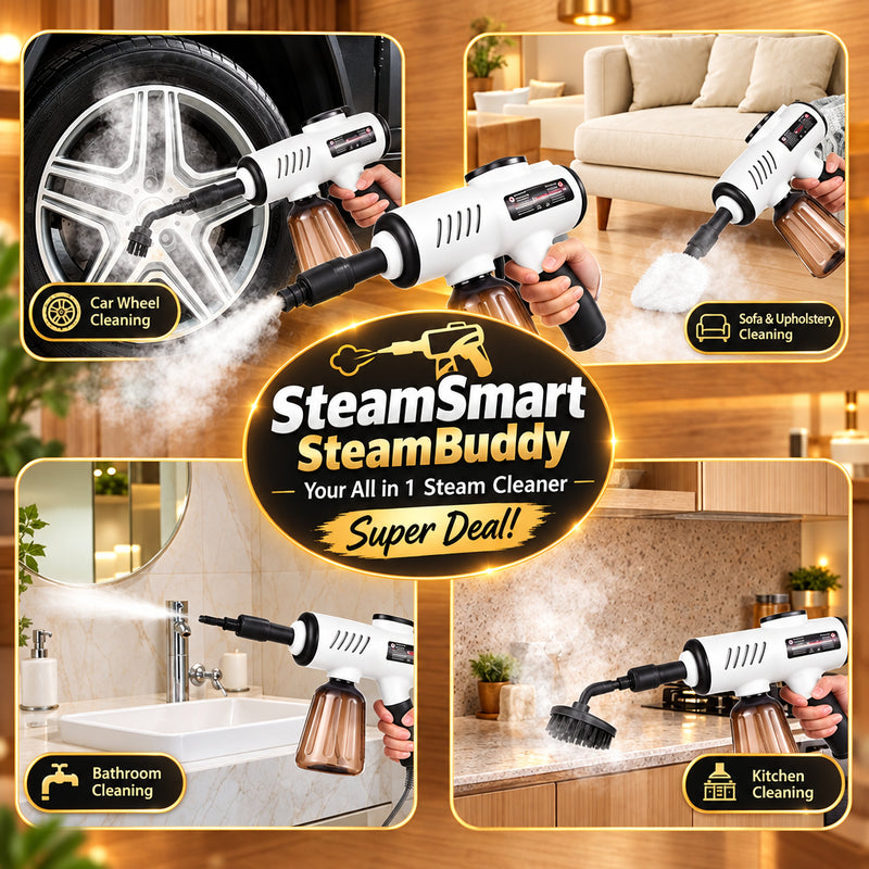 A 4-panel collage demonstrating a handheld steam cleaner on multiple surfaces: a car wheel, a sofa in a living room, a bathroom sink, and a kitchen countertop. A central white circle reads 'Multiple surface Use' in blue text.