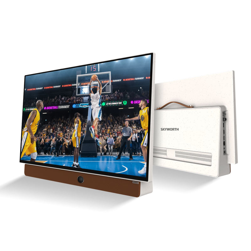 Smart TV displaying a basketball game with a Skyworth logo on a white background