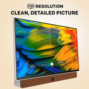 A modern monitor or TV on a stand with a colorful parrot-feather display, shown on a light beige background with marketing text reading 'FHD RESOLUTION' and 'CLEAN, DETAILED PICTURE.'.