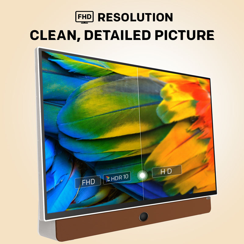 A modern monitor or TV on a stand with a colorful parrot-feather display, shown on a light beige background with marketing text reading 'FHD RESOLUTION' and 'CLEAN, DETAILED PICTURE.'.