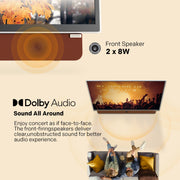 Promotional graphic for a Dolby Audio front speaker system, showing a TV with a speaker grille, text reading 'Front Speaker 2x6W,' and a living-room scene with people lying on a couch, all on a beige background.