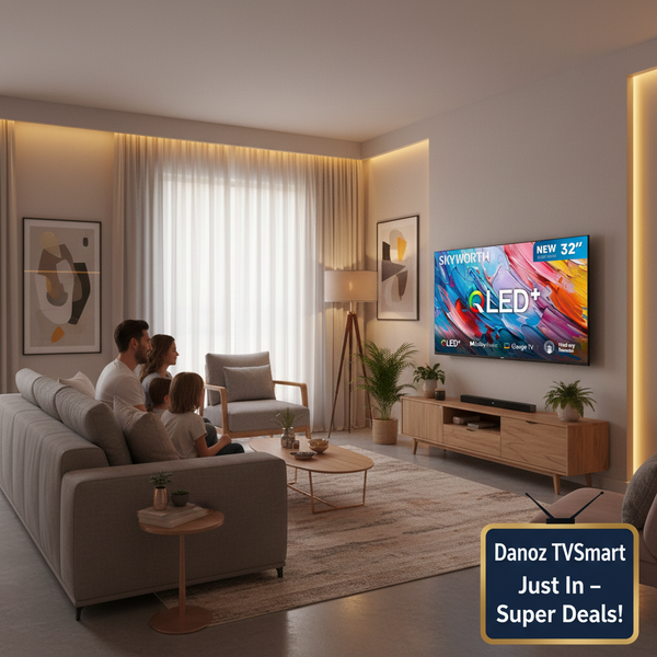 A 43-inch SKYWORTH QLED+ smart TV shown from the front on a white background, with a colorful abstract display and feature badges including Dolby Audio, Google TV, and Find-my Remote.