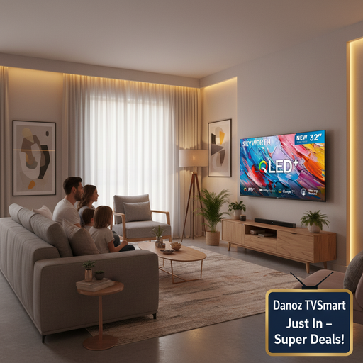 A 43-inch SKYWORTH QLED+ smart TV shown from the front on a white background, with a colorful abstract display and feature badges including Dolby Audio, Google TV, and Find-my Remote.